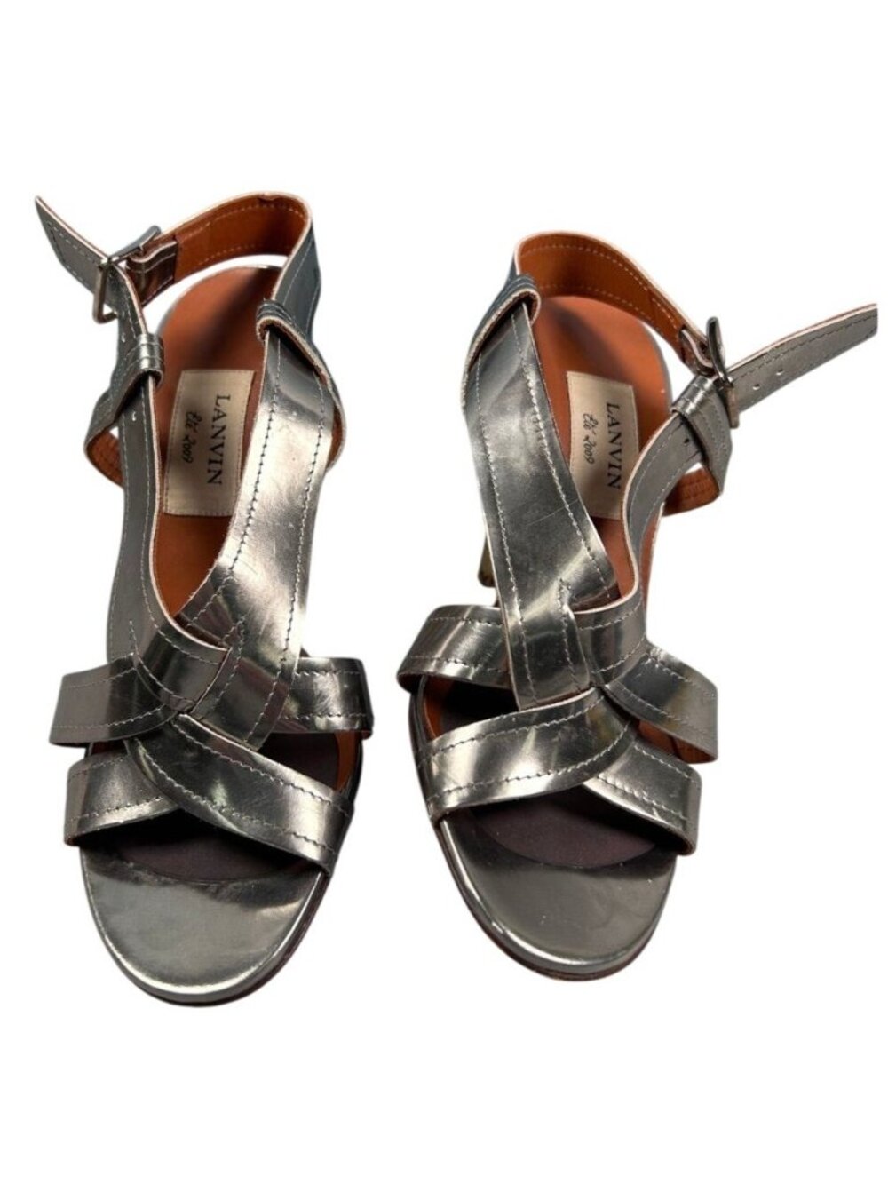 Vintage Lanvin Été 2009 Metallic Gunmetal Leather Cone Heel Sandals 38 US 7.5